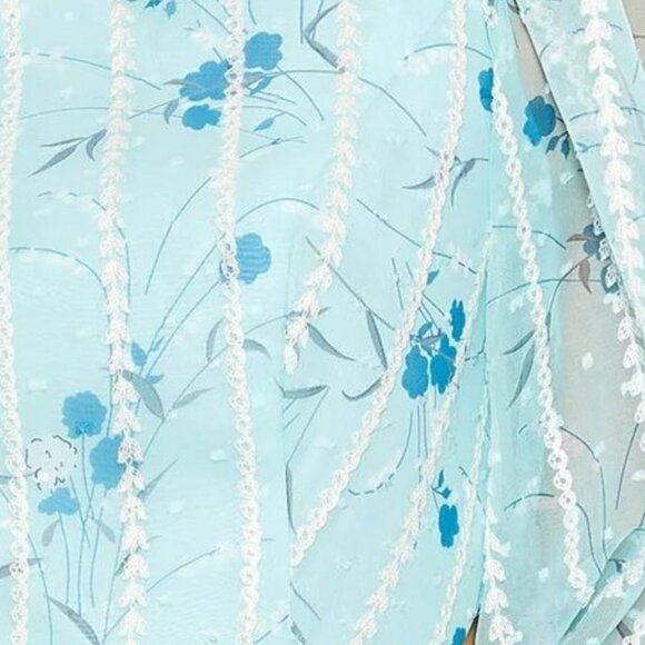 Mac Duggal 49602 Size 2 Blue Floral Corset Lace Up Back Puff Sleeve Midi Dress - Picture 3 of 3